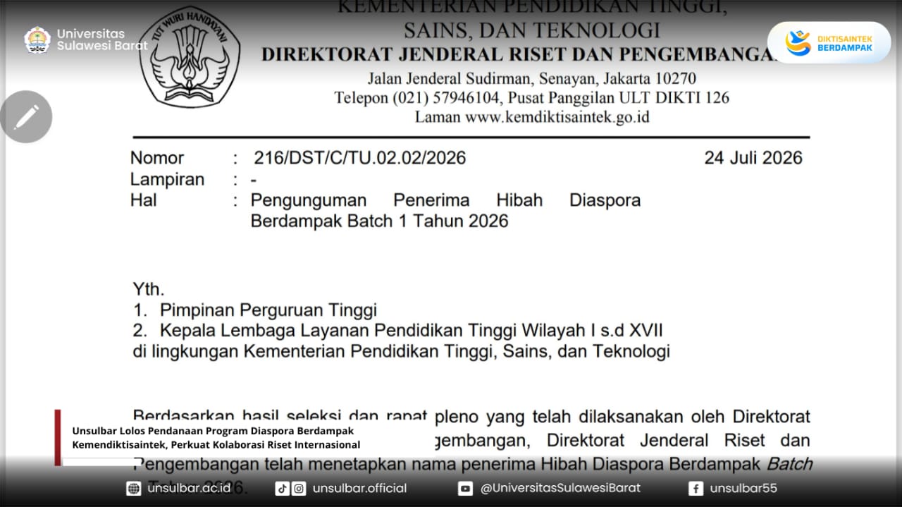Unsulbar Lolos Pendanaan Program Diaspora Berdampak Kemendiktisaintek, Perkuat Kolaborasi Riset Internasional