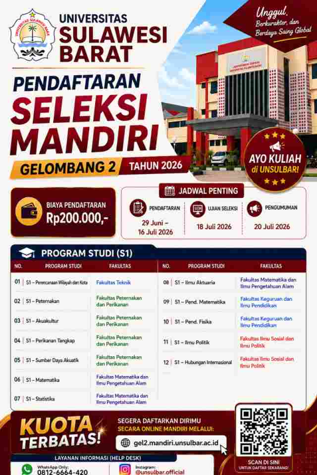 UNSULBAR RESMI BUKA PENDAFTARAN JALUR MANDIRI GELOMBANG 2 TAHUN 2026